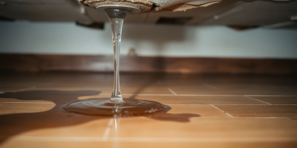 Water dripping through ceiling onto floor in a home