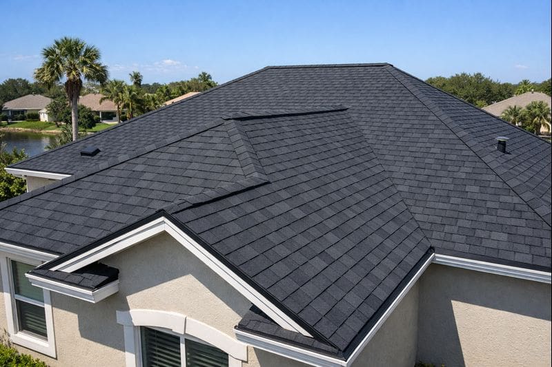 Black shingle roof on beige house with palm trees