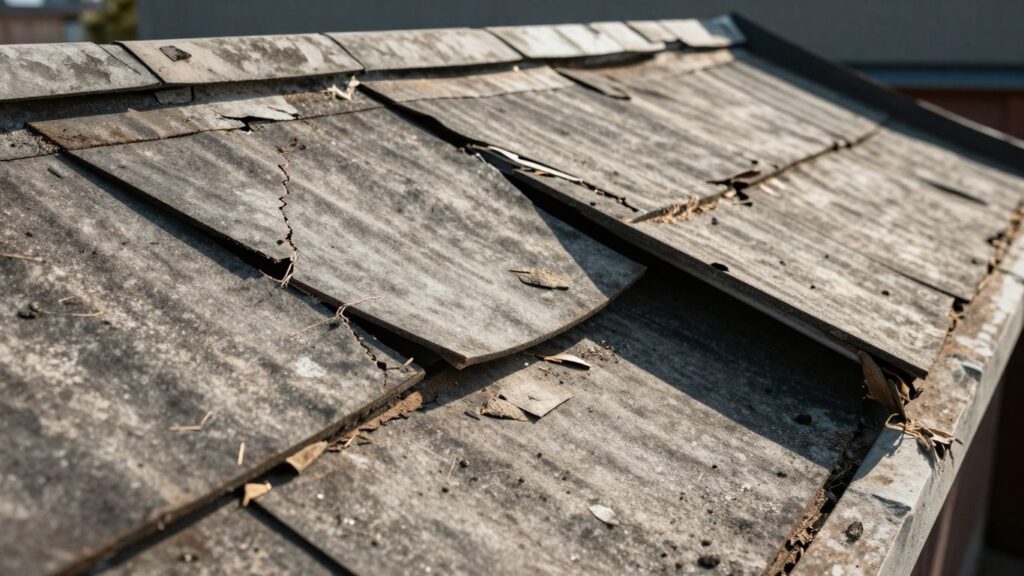 Aging rooftop with visible damage and missing shingles.