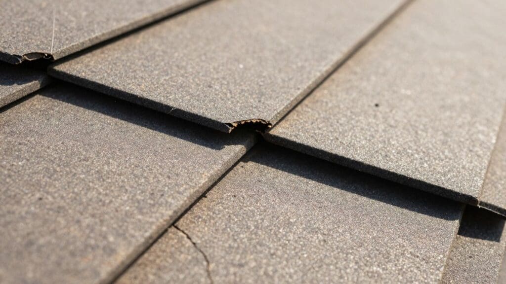 Damaged roof shingle with cracks and curling edges.