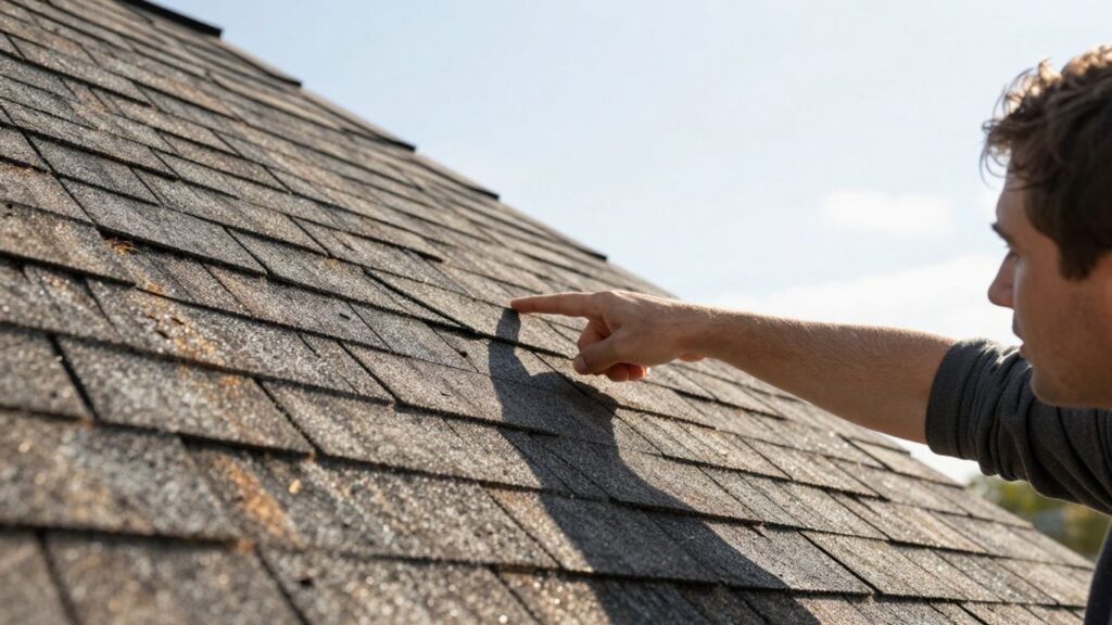 Homeowner inspecting roof for damage.