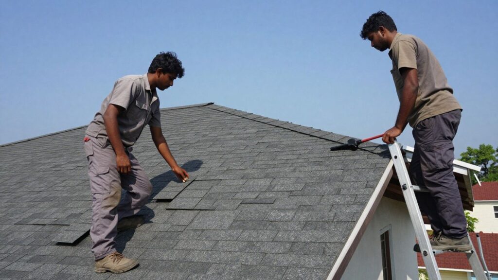 Person inspecting a residential roof on a sunny day.