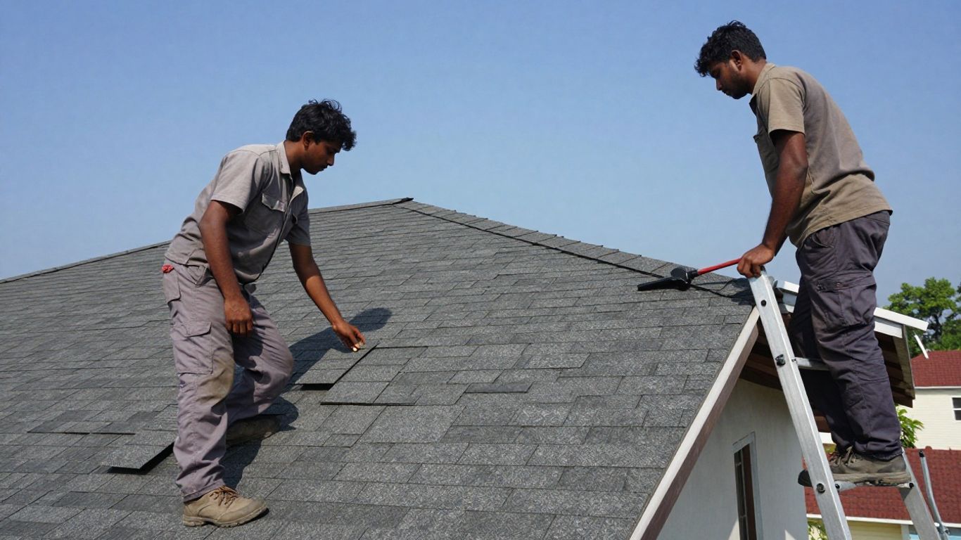 Person inspecting a residential roof on a sunny day.