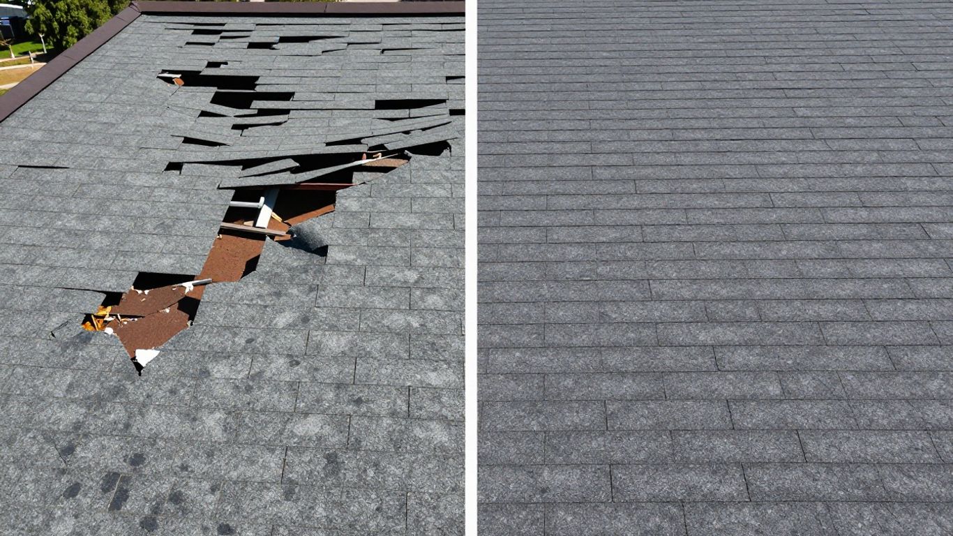 Damaged roof section next to a new roof section.