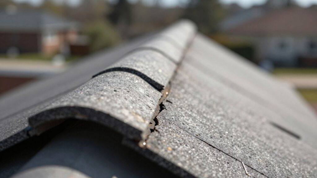 Damaged roof shingle with visible wear and tear.