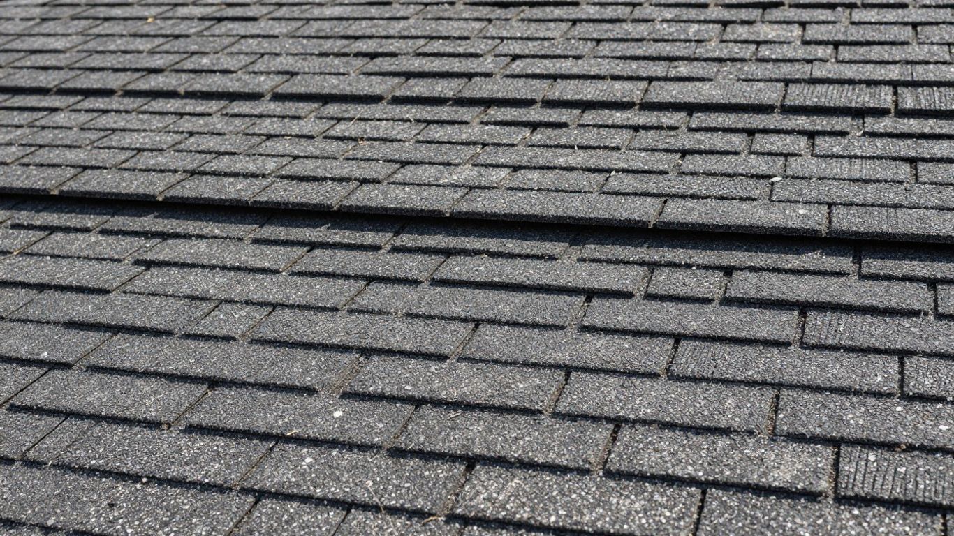 Weathered asphalt shingle roof close-up, indicating age.
