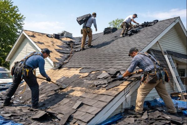 Roofers replacing shingles on house